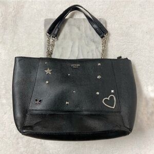 Guess Faux Leather Tote Bag Studded Star Heart Butterfly Rhinestone Black